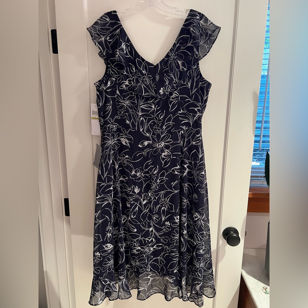 London Times Blue and White Ruffled A-line Midi Dress